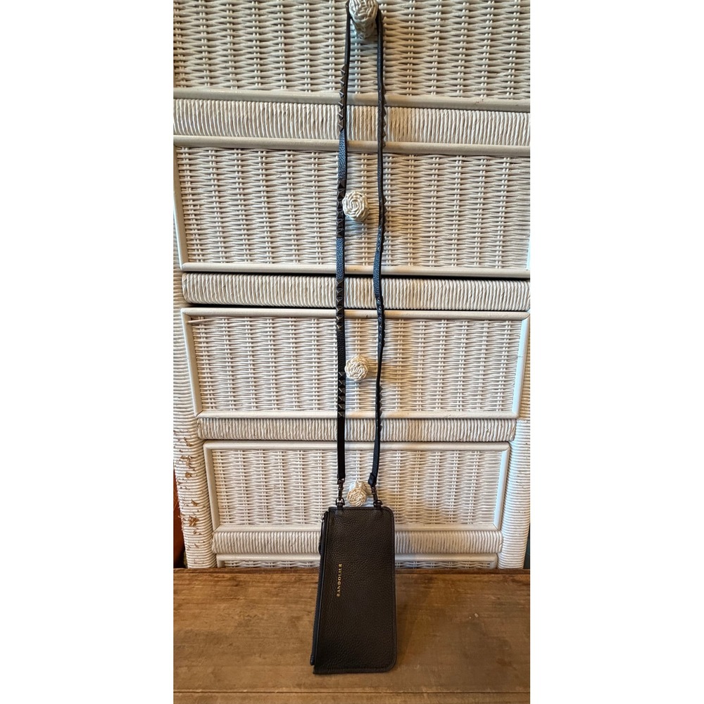 Bandolier Black Pebbled Leather Pouch Studded Crossbody Strap Gunmetal Hardware - Picture 10 of 11